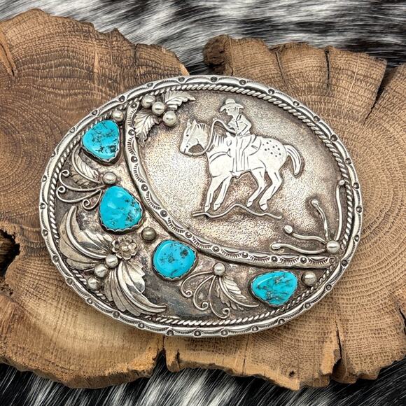 Native American Accessories - 1960s Native American NAVAJO Sterling Silver Turquoise Belt Buckle Cowboy Horse